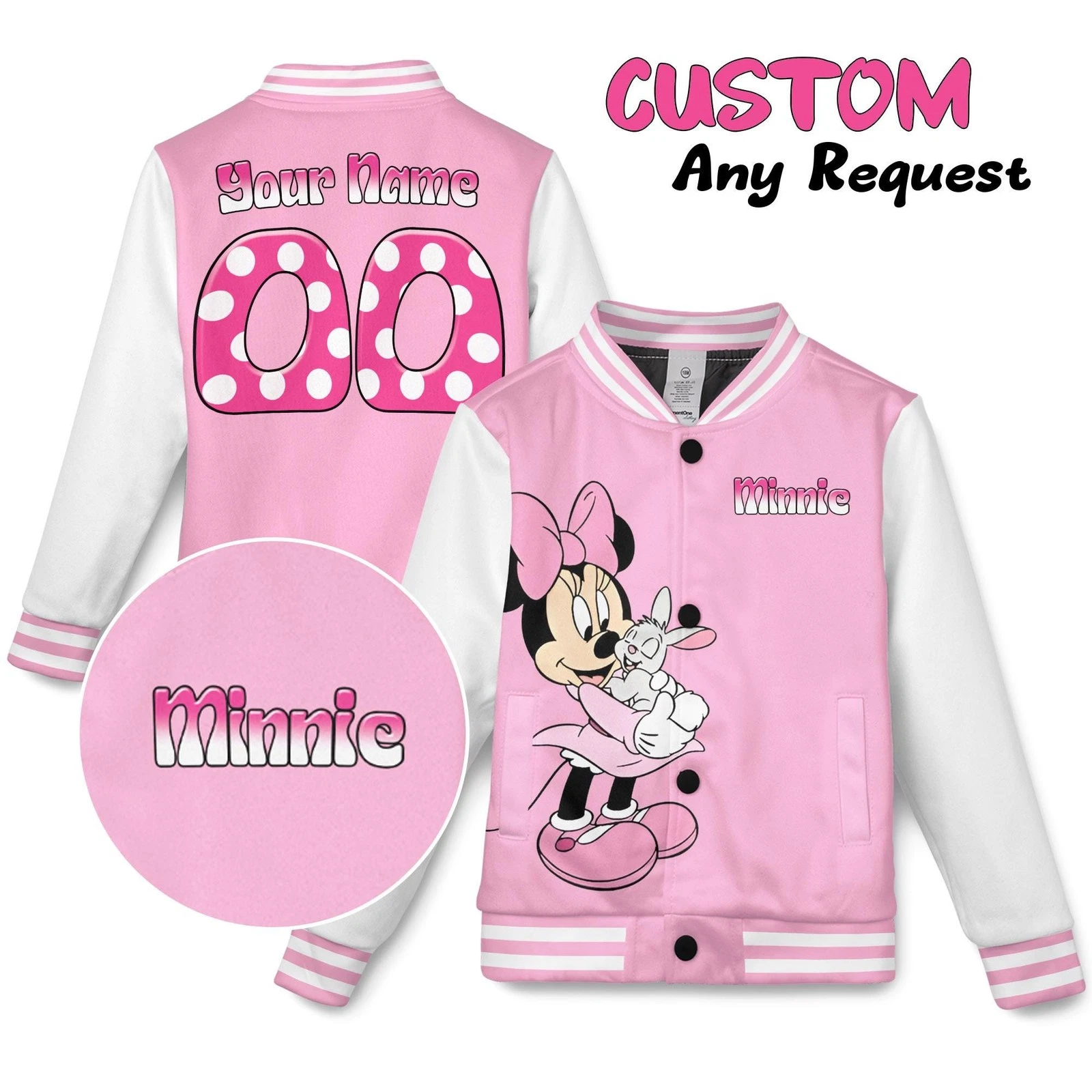Personalized Cute Minnie Mouse & Bunny Valentine Gift Pink White Baseball Jacket