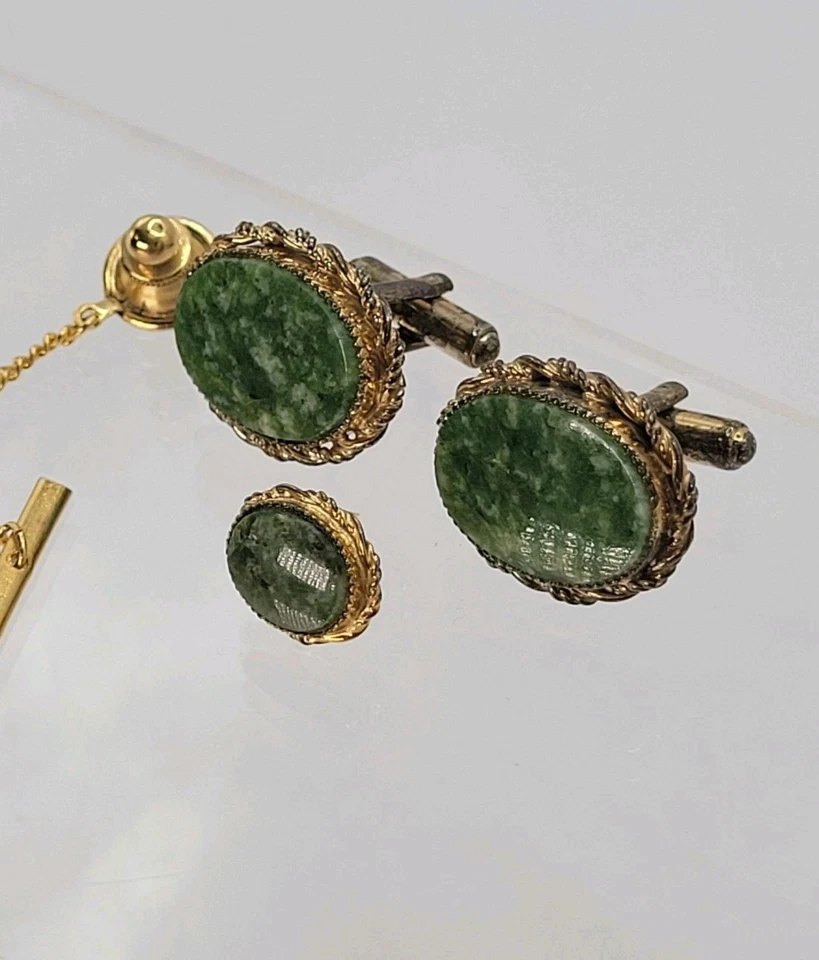 Винтажные мужские запонки и галстук из чистого серебра с золотым и нефритовым нефритом - Изображение 3 из 4