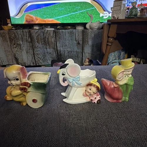3 Vintage Novelty Planters Napco Shawnee Dog Elephant Girl Couple As Is