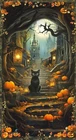 Feline Drive Fabric MOON SPELL Halloween Cat Banner Panel - Sold by the Panel
