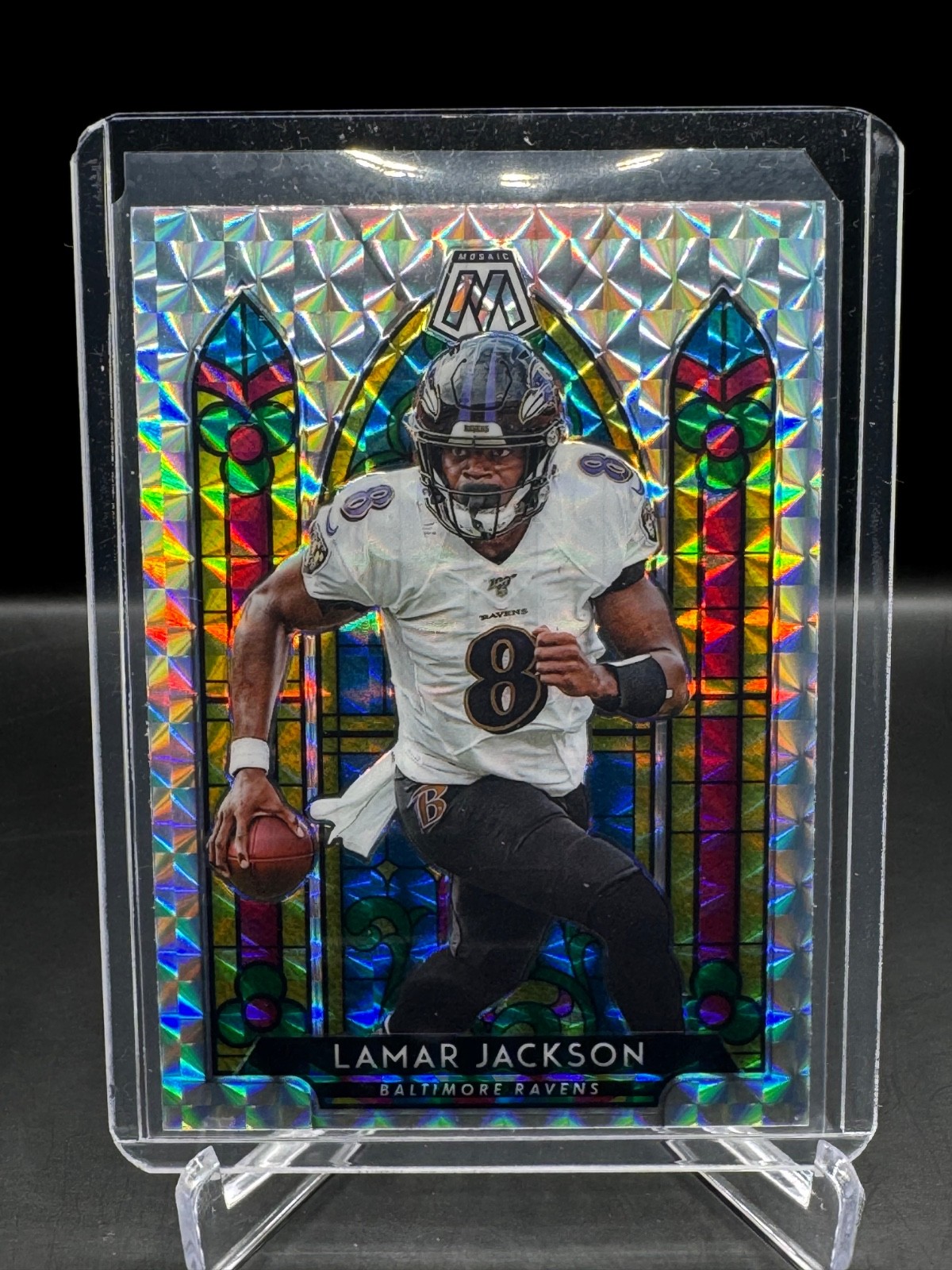 2020 MOSAIC!  LAMAR JACKSON!  STAINED GLASS PRIZM!  BALTIMORE RAVENS!  #SG-3