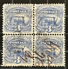 US Stamps - SC# 114 - Used - 3 Cent Pictorial - Rare Block OF 4 - SCV = $550.00