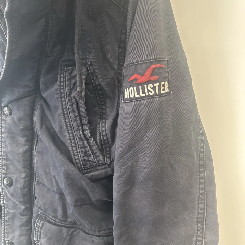 Hollister Jacket Mens Medium Navy Blue Hooded Lined Military Chore Full Button - Image 3 of 4