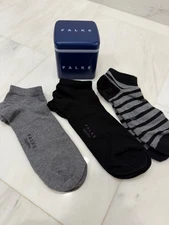NEW FALKE Men's 3-Pack HAPPY Low Cut Athletic Socks sz 9.5-13 GRAY BLACK STRIPE