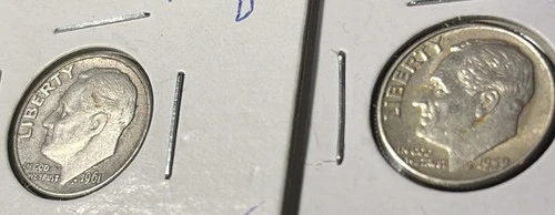 2 SILVER ROOSEVELT DIMES, 1959-P & 1961-D, VF DETAILS, NICE ADDITIONS, FREE SHIP