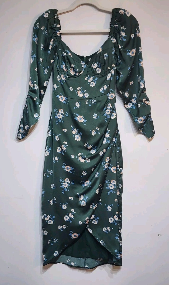 ASTR The Label Midi Dress Milkmaid Floral Long Sleeve Satin Green Sz XS  Coquette | eBay