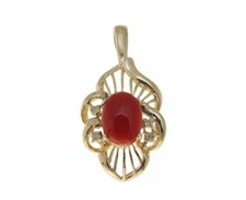 GENUINE NATURAL OVAL CABOCHON RED CORAL DIAMOND SLIDE PENDANT 14K YELLOW GOLD