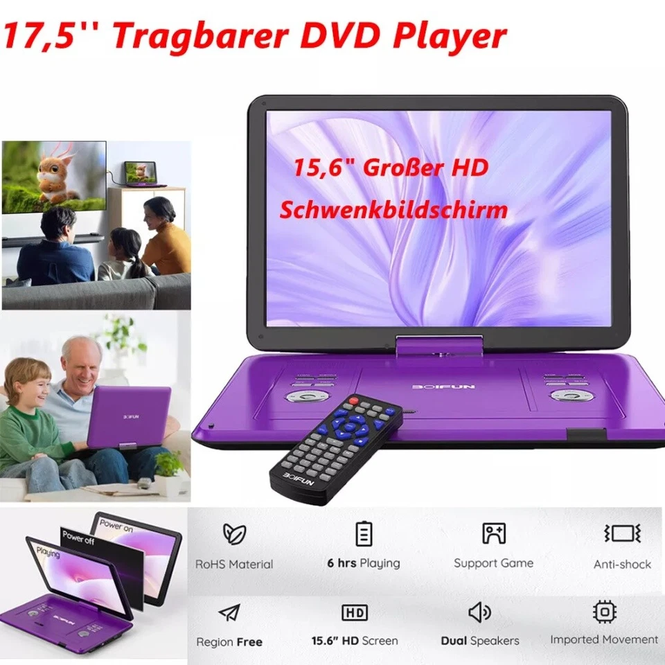 Tragbarer DVD Player mit 15,6 Zoll HD Display Wiederaufladbare 270° Rotation - Bild 3 von 4