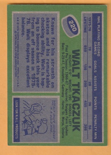 Walt Tkaczuk New York Rangers 1976-77 Topps #220 - Imagen 2 de 2