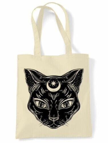 Sac fourre-tout épaule chat sorcière noir avec symbole de lune grand imprimé - Photo 1 sur 7