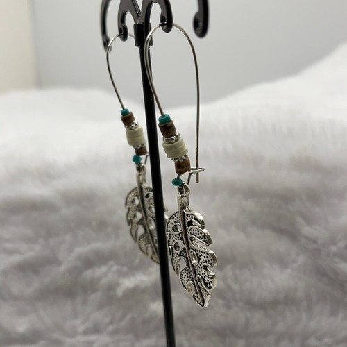 Beaded Silver Tone Leaf Dangle Earrings - Picture 4 of 10