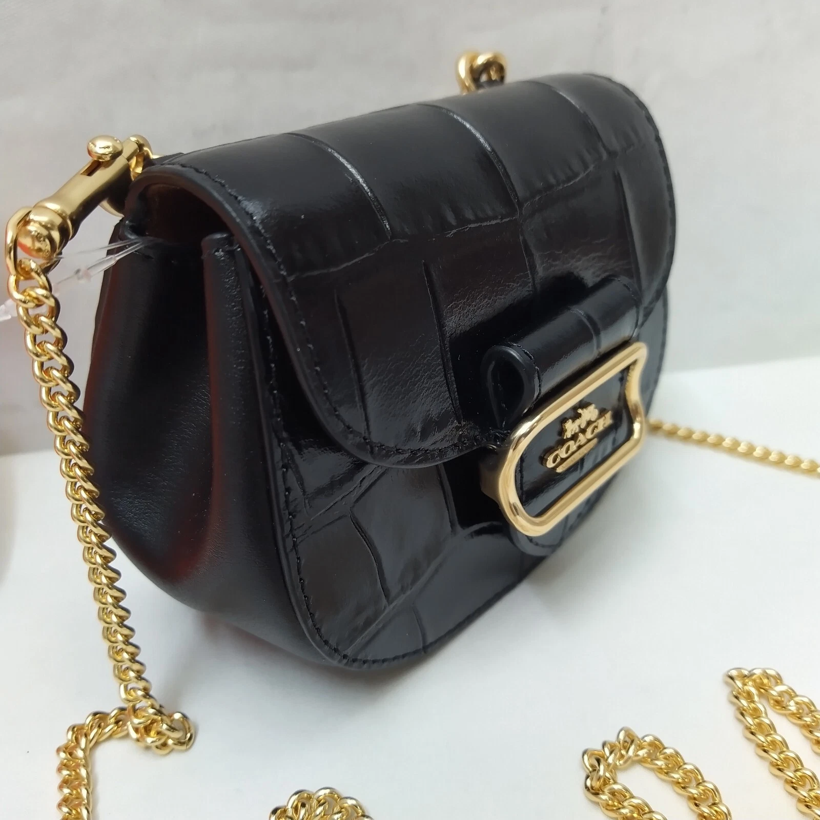 Custodia a tracolla Coach Morgan in pelle nera coccodrillo in rilievo Nuova con etichette $248