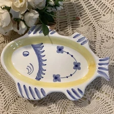 Amalfi Villa hand painted Caleca Italy blue yellow porcelain FISH dish tray 7"