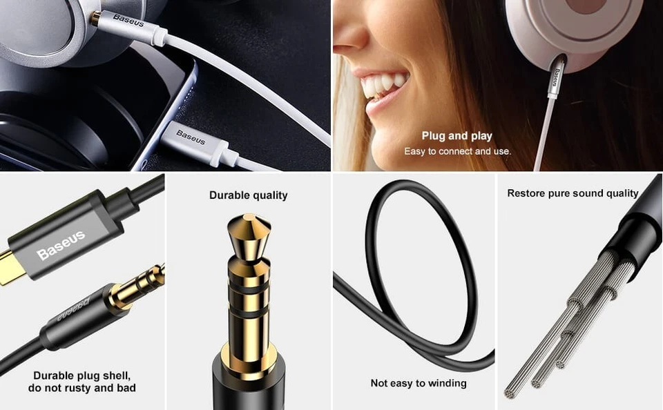 Baseus Type-C to AUX AUXILIARY 3.5mm Cable Car Audio Cord iPhone Samsung HTC LG - Image 3 of 4