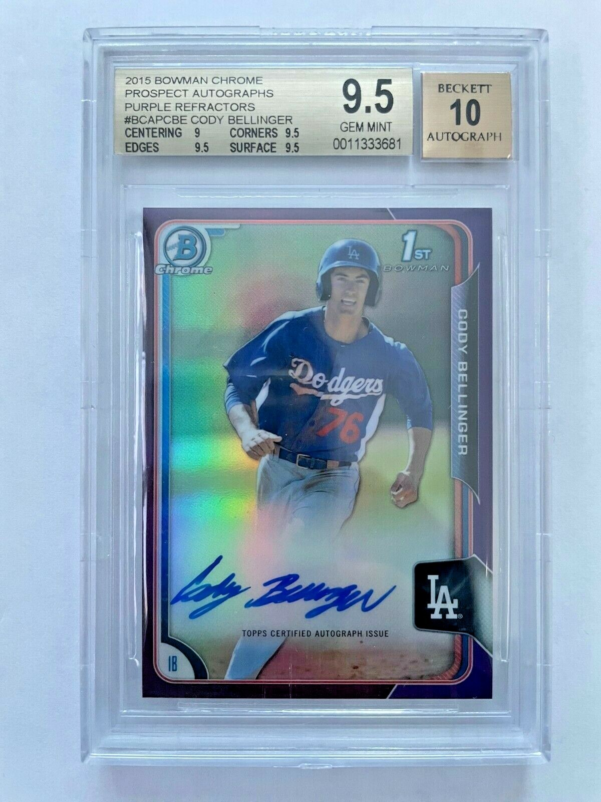 2015 Bowman Chrome Cody Bellinger Purple Refractor /250 AUTO RC BGS 9.5 GEM MINT