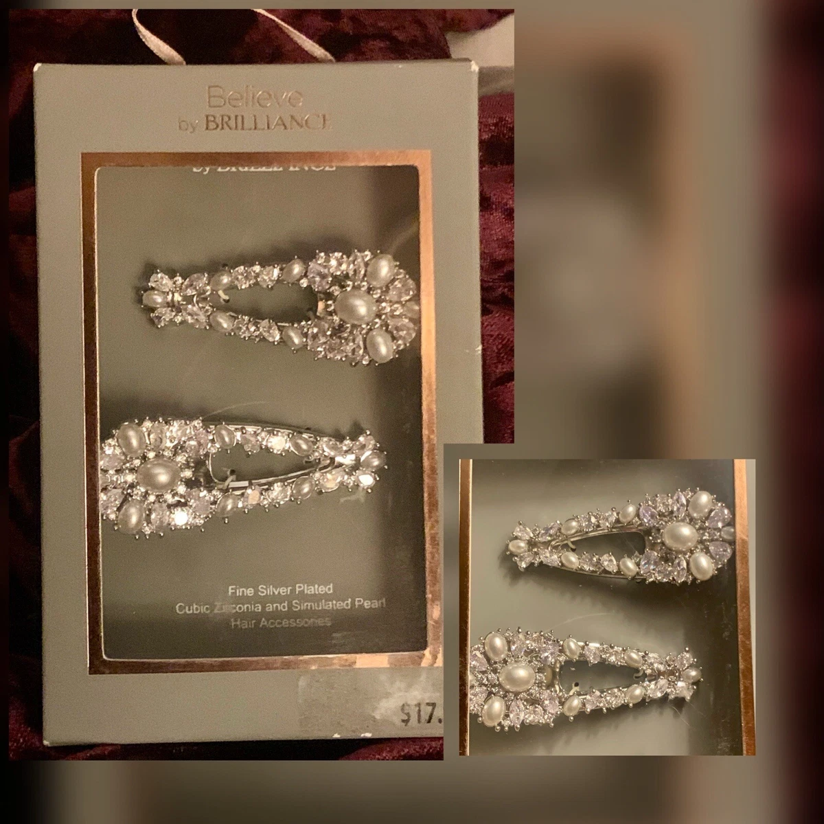 BELIEVE BY BRILLIANCE Fine Silver Plate CZ Pearl Hair Clips 