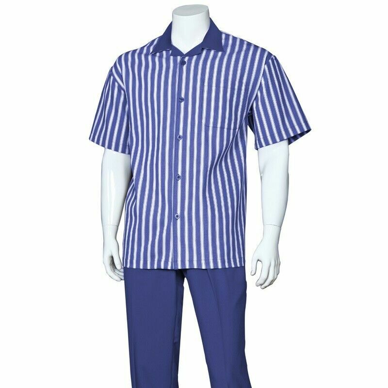 New Mens 2pc Walking Suit Short Sleeve Casual Shirt and Pants Set - Blue main image 0