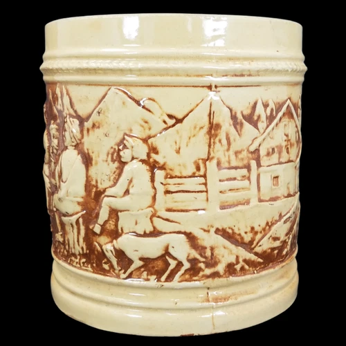 1920's Hull Alpine Pretzel Jar Yellow Ware Embossed Scene Pottery No Lid H 492
