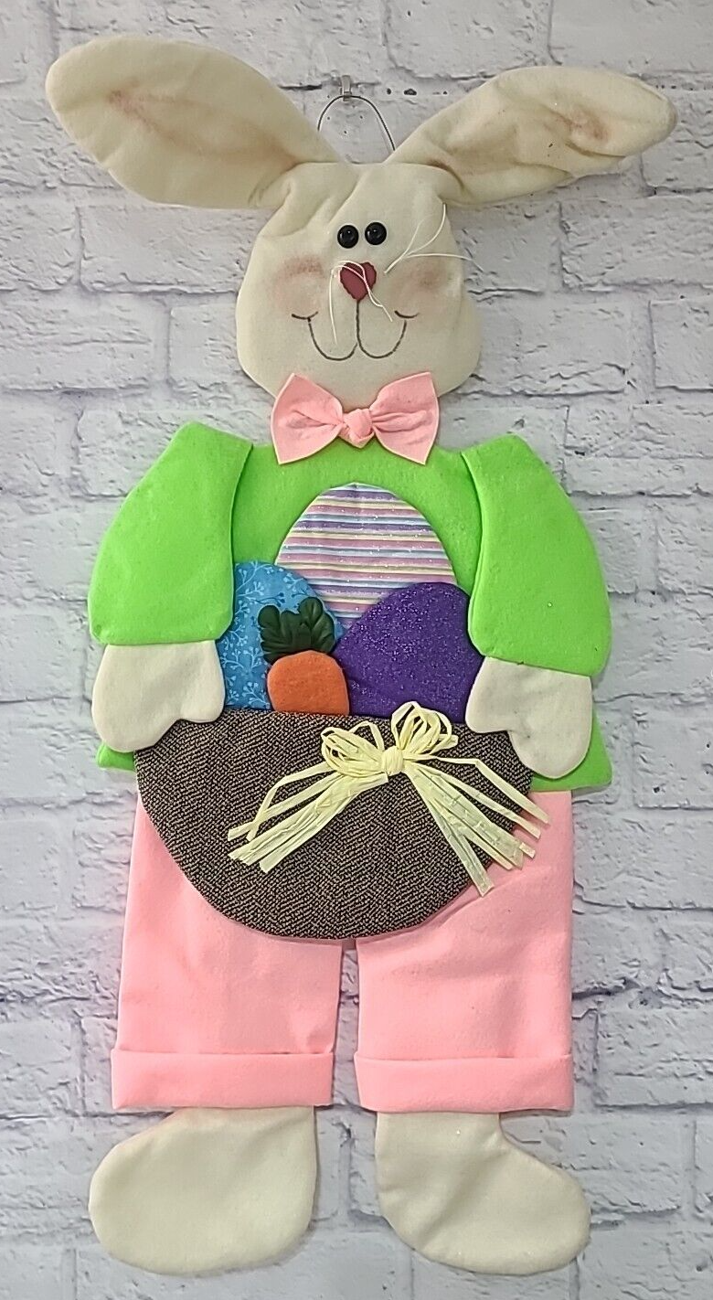 Vintage Felt Easter Bunny Holiday Wall Hanging Decor White Green Pink 33.5