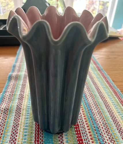 Vintage Red Wing Wavy Ribbed Art Pottery Blue and Pink  Vase #1171