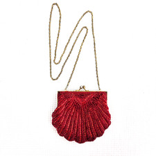 Vintage Red Beaded Purse Evening Bag Clamshell Scallop Clutch Chain Seashell