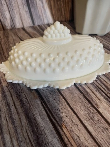Vintage Fenton Milk Glass Hobnail Oval Butter Dish with Crown Top Lid White