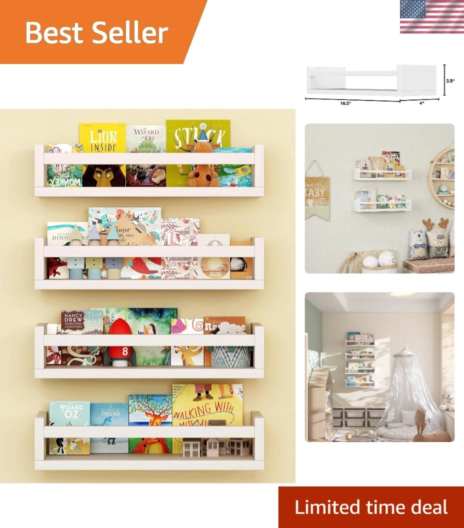 Kids Book Shelves Set of 4 Wall-Mounted Nursery Floating Wooden Shelves