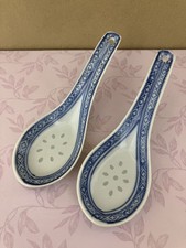 2 Vintage Chinese Translucent Blue & White Rice Grain Porcelain Soup Spoons Pair