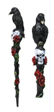 Fantasy Raven Crow Perching On White Skull with Rose Vines Decorative Magic Wand