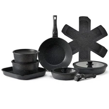 17 Piece Pots And Pans Set Granite Nonstick Kitchen Cookware Induction Black