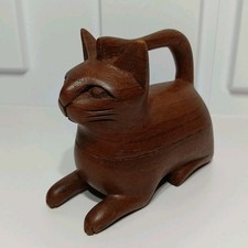 HAND CARVED Wooden stylized Cat Trinket Box. Sphinx Like used VTG small 5"