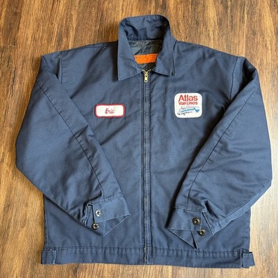 Vintage 1980s Men's Blue Gas Station Work Jacket Zip Up Atlas Van Lines Sz L