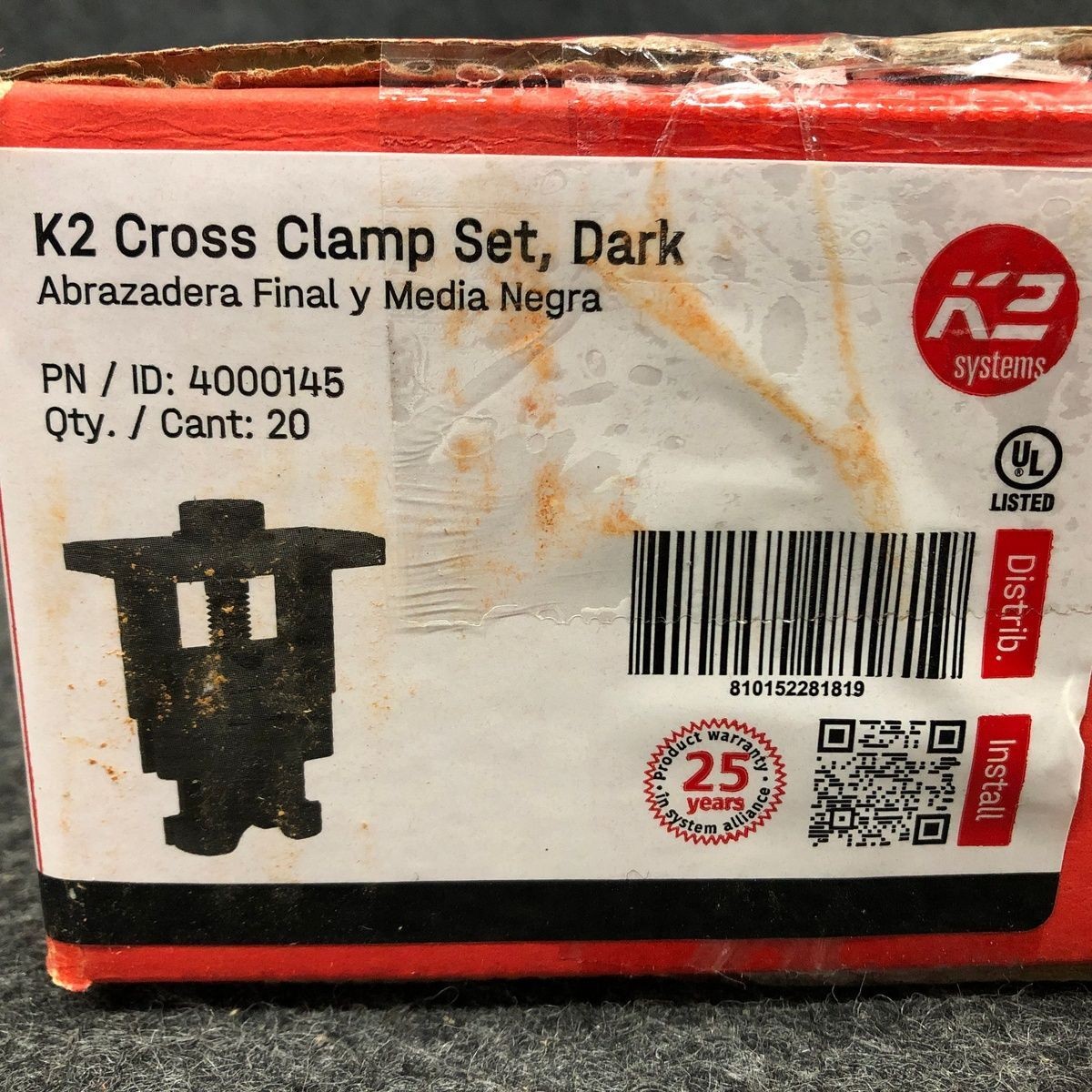 K2 SYSTEMS Solar Panel Cross Clamp Set 4000145, Dark, Case of 20