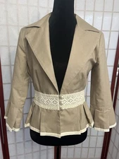Kenar linen style 100% cotton Tan  and cream crochet lace trim jacket S