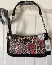 NEW Ed Hardy Leopard Black Studded Tattoo Skull Roses Purse Shoulder Handbag $70