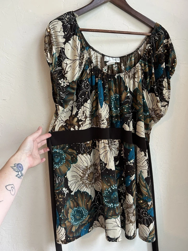 Top Babydoll Vintage Años 90 Y2K MM Hada Grunge Lechera 2X Plus Floral Brillo Foto 3 de 4