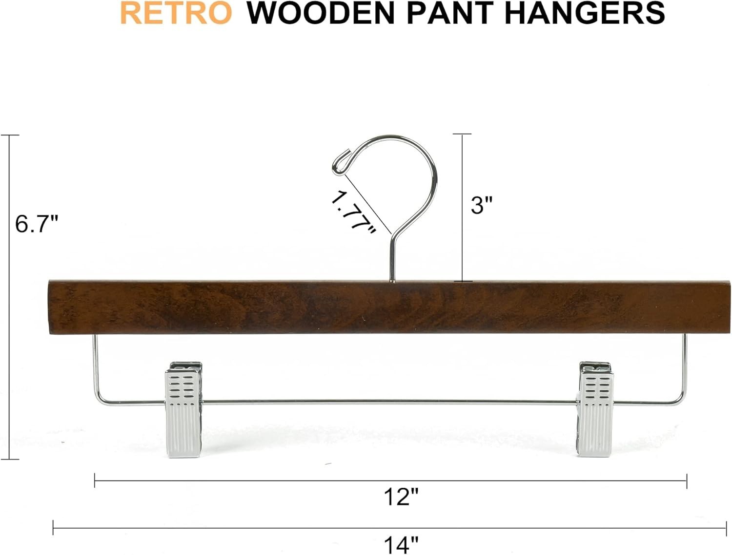10 Pack Retro Wooden Pants Hangers with 2-Adjustable Clips, Walnut Wood Hangers