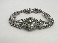 Stunning Silver Tone Crystal Rhinestone Bridal Formal Bracelet W/ Safety Chain