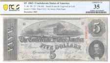 T-60 1863 $5 Confederate Note PCGS Choice VF35 Civil War Paper Money Full Framed