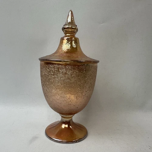 Vintage Marigold Carnival Glass Jeanette Candy Dish With Lid Crackle Pattern