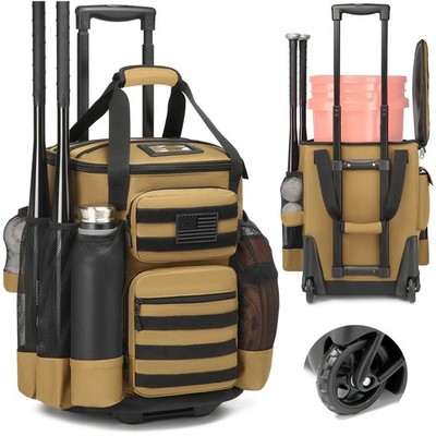 SunForMorning Baseball Bucket Bag with Wheels Coaching Large, Brown 