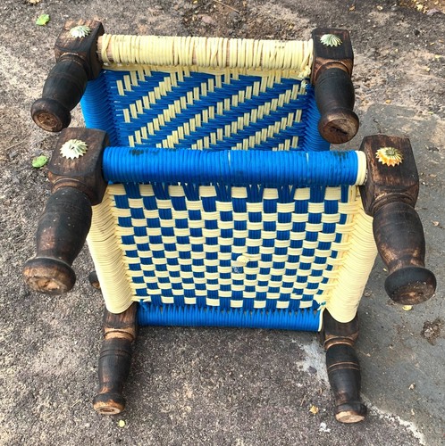 Handwoven Wooden Footstool Pair | Brass Fitted Low Stool Table Seat Accent - Picture 10 of 10