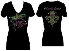 MARDI GRAS FLEUR DE LIS RHINESTONE PARTY LOVE V NECK SHORT SLEEVE TEE SHIRT