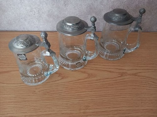 3 Bierkrüge mit Zinndeckel, Kristallglas, mundgeblasen & handgeschliffen, gebr.