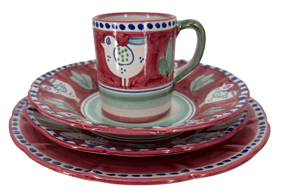 Vietri 4 Pc Place Setting Solimene Campagna Red Green Blue Chicken Vtg  Italy - Image 2 of 4