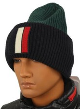 NUOVO CAPPELLO BERRETTO MONCLER LANA PESANTE VERDE BLU LOGO TAGLIA UNICA
