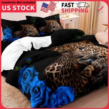 3Pcs Romantic Blue Rose Leopard Flroal Animal Printed Duvet Cover Bedding Set