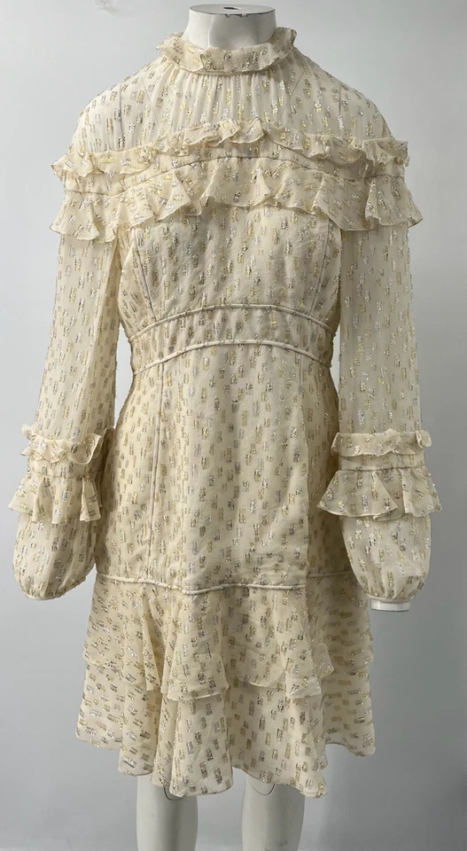 Vestido J. Mendel Resort 2018 blanco roto estampado seda volantes línea A talla 12 Foto 2 de 4