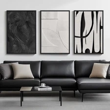 Large Framed Black and White Abstract Wall Art for Living Room, 3 Piece Big M...