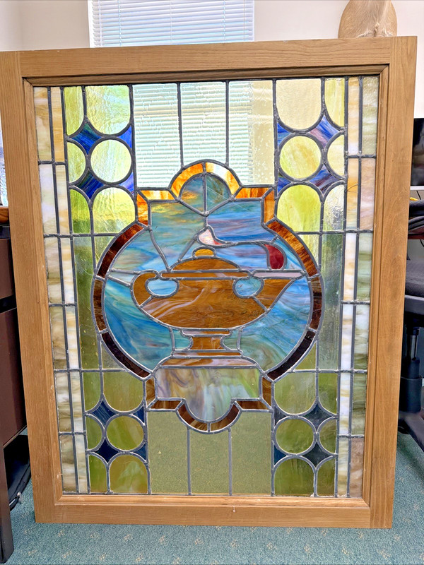 ANTIQUE FRAMED STAINED GLASS WINDOW ARCHITECTURAL SALVAGE SCHOOL LIBRARY 33X41